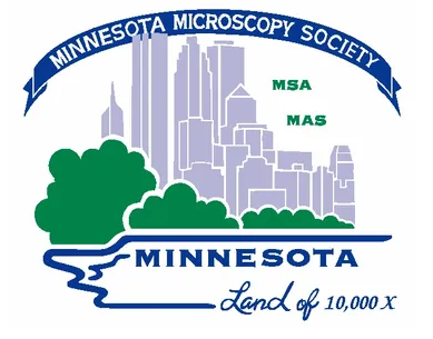 Stylized Minneapolis skyline with a banner reading "Minnesota Microscopy Society". Below are the words "Land of 10,000x". 